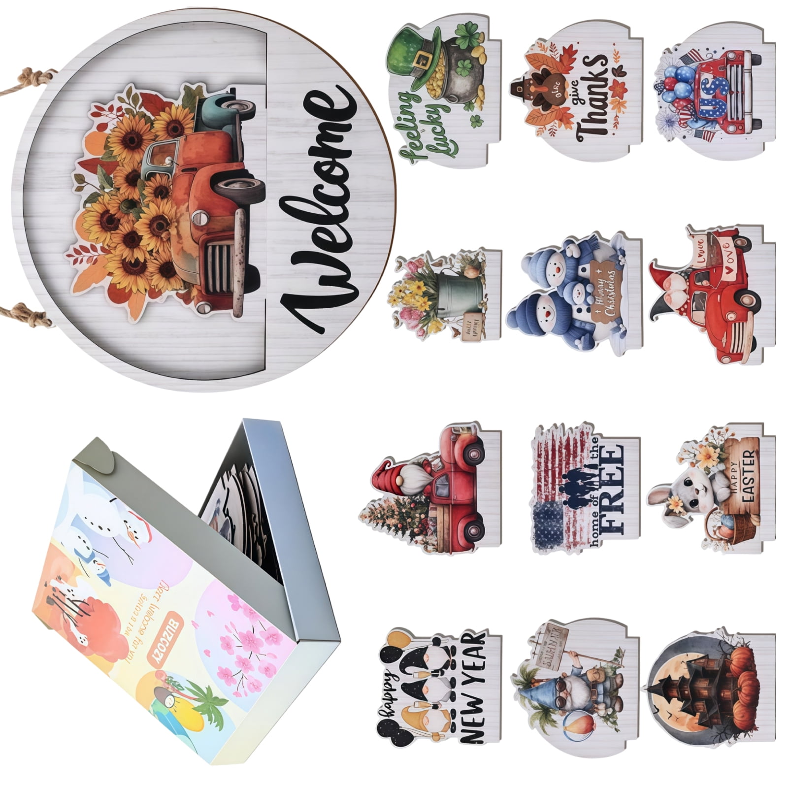 Changeable Seasonal Door Decoration Set with 1 Round Welcome Sign and ...