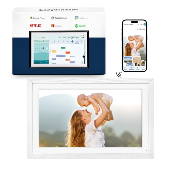 Changing 15.6" Smart Digital Picture Frame & Portable TV, WiFi Touchscreen Display with Google Calendar, Voice Assistant, Music Speaker, Photo & Video Sharing, Home Hub – Perfect Gift (White Wood)