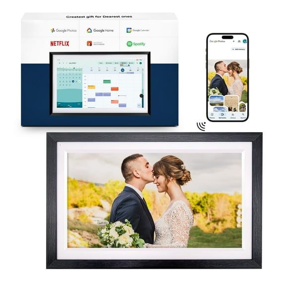 Changing 15.6" Smart Digital Picture Frame & Portable TV, WiFi Touchscreen Display with Google Calendar, Voice Assistant, Music Speaker, Photo & Video Sharing, Home Hub Perfect Gift (Walnut Wood)