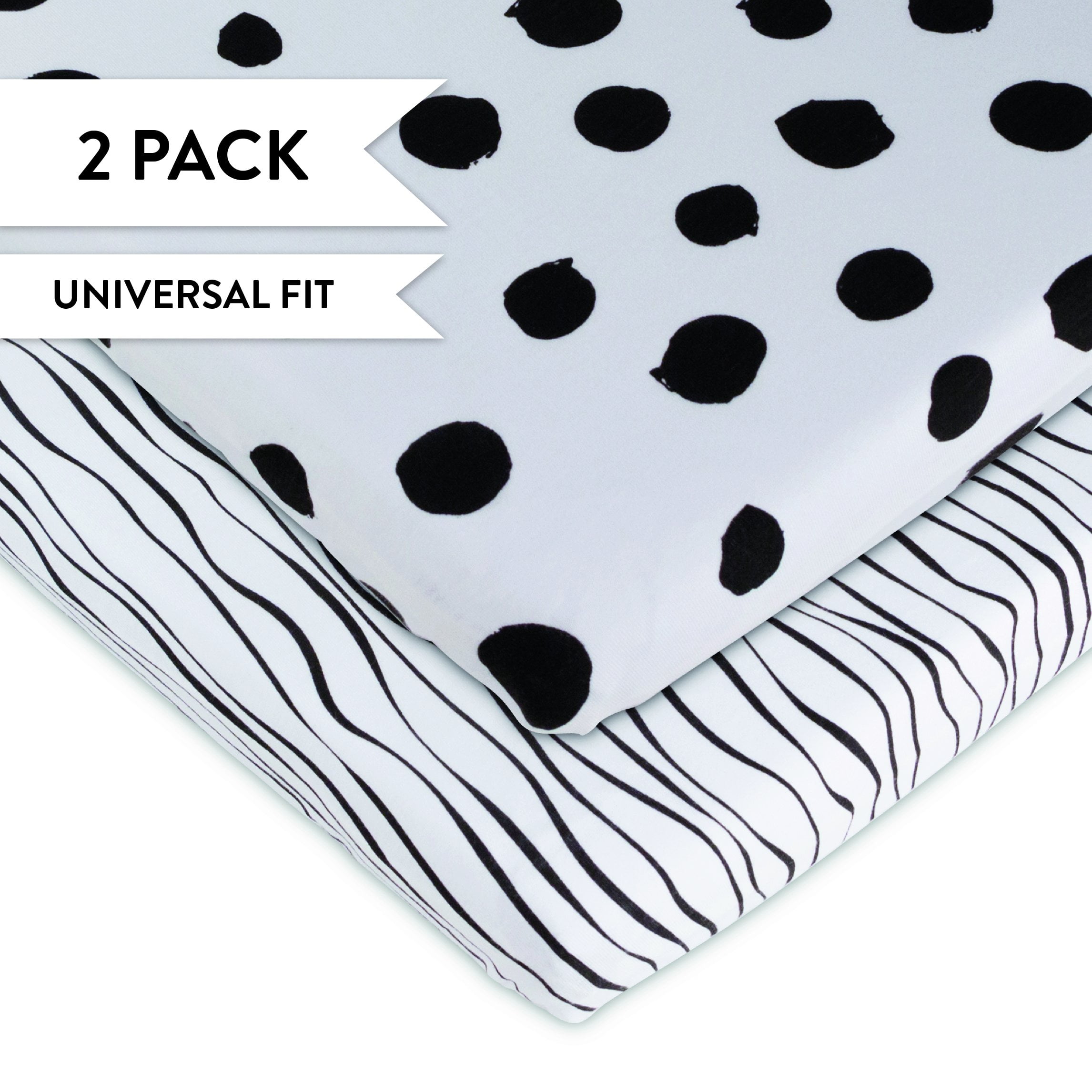 Changing Pad Cover Set | Cradle Sheet Set 100% Cotton Jersey Knit 2 Pack Black Abstract Stripes and Dots