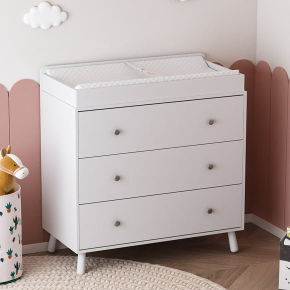 Sfugno Changing Table,3 Drawers Storage Dresser with Removable Pad,Baby Changing Table Safety Rail and Strap for Bedroom, Nursery,White