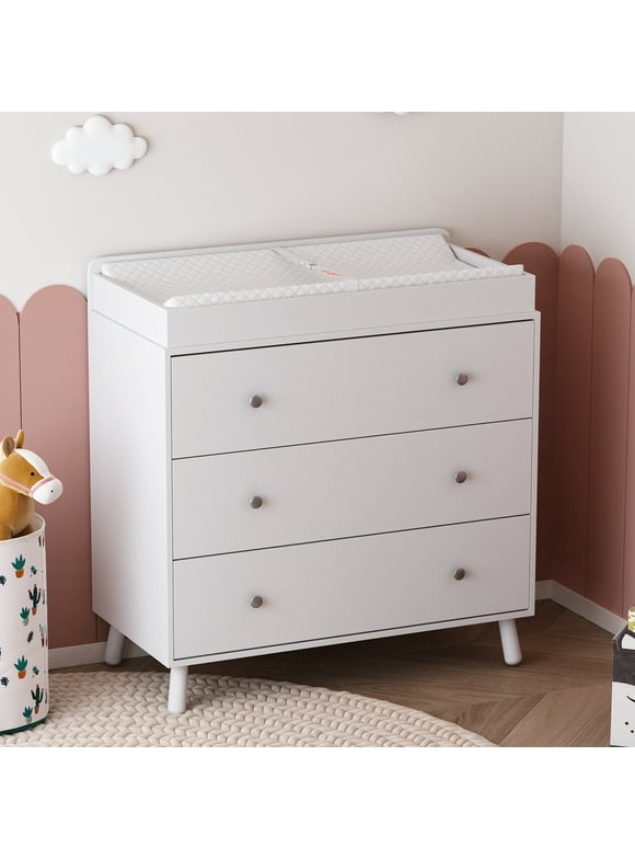 Changing Table,3 Drawers Storage Dresser with Removable Pad,Baby Changing Table Safety Rail and Strap for Bedroom, Nursery,White