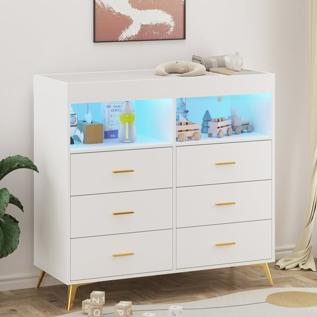 Changing Table Dresser with Drawers and LED Light, Baby Dresser with Changing Table Top, Power Outlet and Metal Feet, Diaper Changing Station Nursery Organizer for Infants Newborn, White