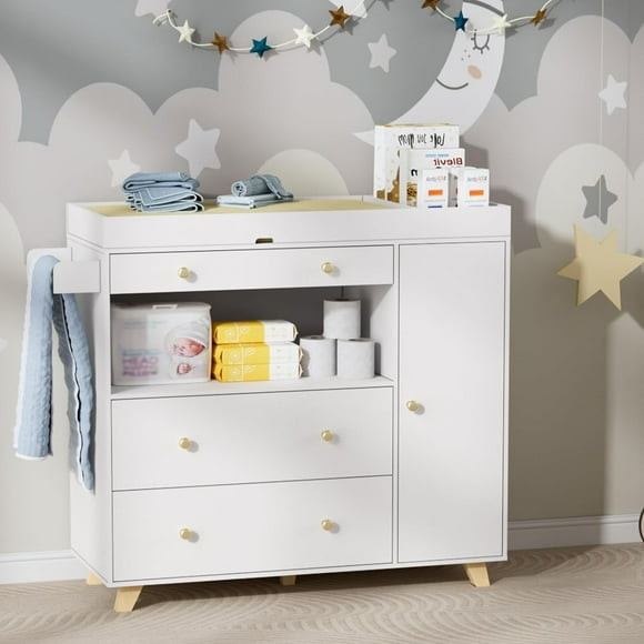 Changing Table Modern Storage Dresser Chest with Wide Table Top, 3 Drawers & Storage Cabinet, White Drawer Dresser by TOPQYY