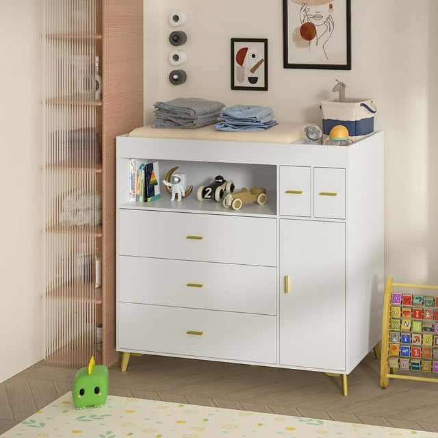 Changing Table with Drawers, White Drawer Dresser,Changing Table