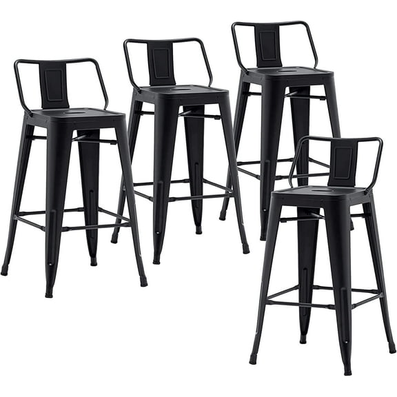 Changjie Furniture Industrial Metal Bar Stools with Backs Set of 4, Counter Height Barstools for Home Kitchen, Durable and Stylish Bar Stools Set (24 inch, Matte Black)