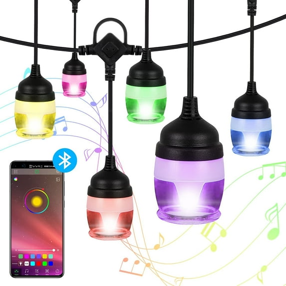 Changm Outdoor String Lights Waterproof, 46FT Lights with 16 Bluetooth Control Hanging 16 Watts LED Light Bulbs