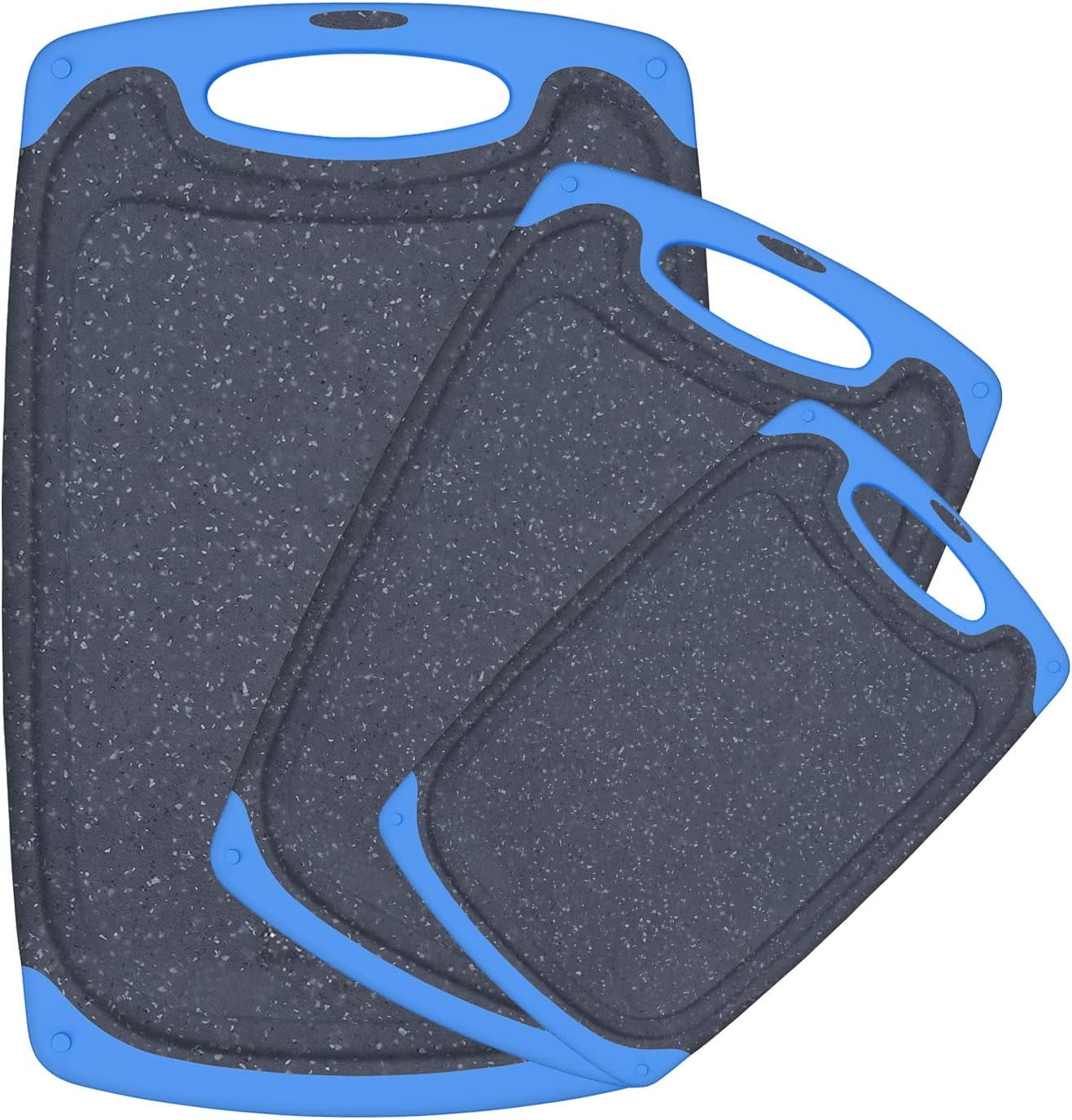 Blue Plastic Cutting Board Set with Juice Grooves and Handles, 3 Pieces
