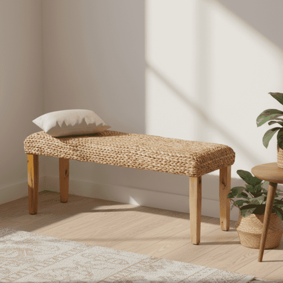 Made4home Solid Acacia Wood Indoor Bench with Natural Water Hyacinth Woven Seat, Boho Fishbone Wicker Bench with Natural Legs, Entryway or Bedroom Wooden Bench for Living Room Decor