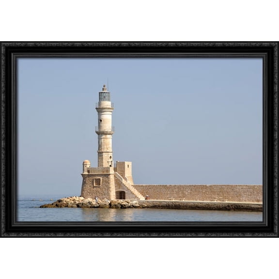 Chania Lighthouse, Crete, Greece 40x28 Large Black Ornate Wood Framed Canvas Art