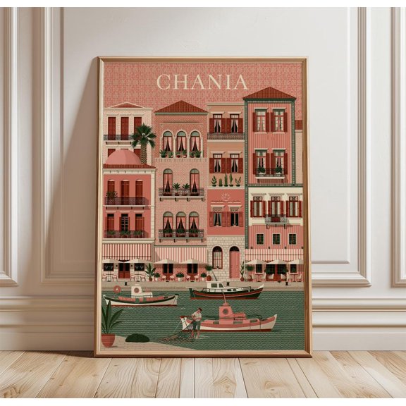 Chania Travel Harbour Print Coastal Architecture Art, Unframed Paper Print