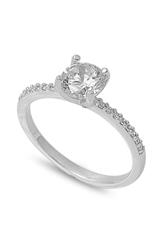 Channel Accented Round Center Cubic Zirconia Ring Sterling Silver 925