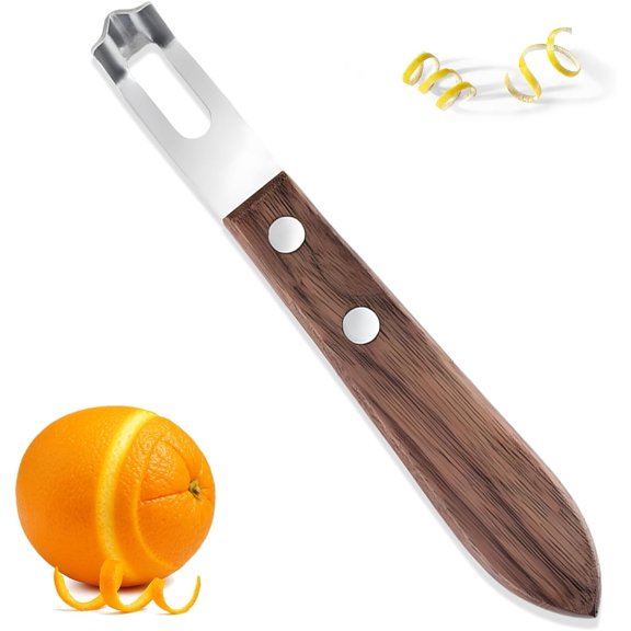 Channel Knife for Zesting Stainless Steel Bar Tool with Wood Handle, Curved Blade for Lemon/Orange Twists Cocktail Garnish Tool for Bartenders & Home Mixologists
