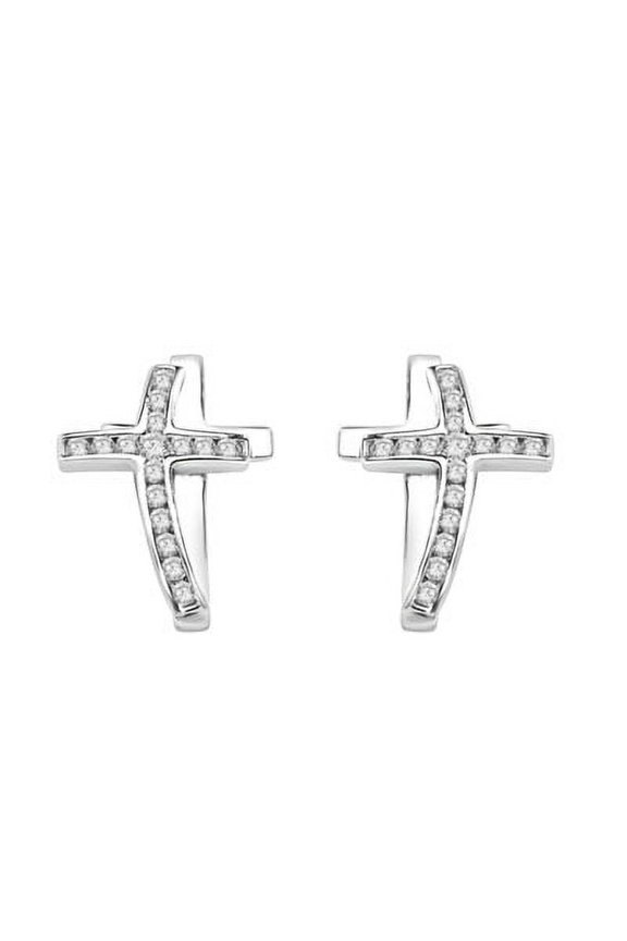 Channel Set Cross Earrings with Artificial Round Brilliant Diamonds by Diamond Essence set in Sterling Silver