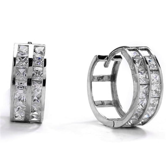 Channel Set Huggies with Two Rows of Artificial Princess Cut Diamonds by Diamond Essence set in 14K Solid White Gold