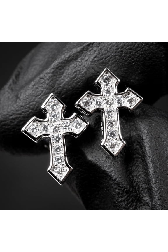 Mens Women's Channel Set Iced 5A Cz Hip Hop White Gold Plated Rhodium 925 Sterling Silver Screw Back Post Crucifix Ice Out Gothic Cross Earrings
