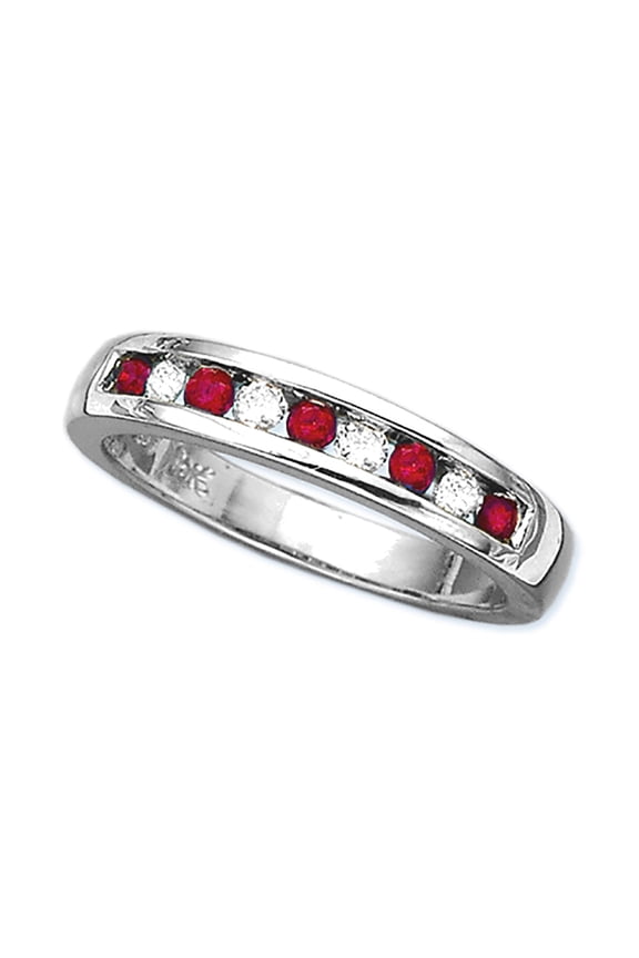 Channel Set Ruby Anniversary Ring in 14K White Gold 1/6 cttw. Diamond with Alternating (1/4 cttw)