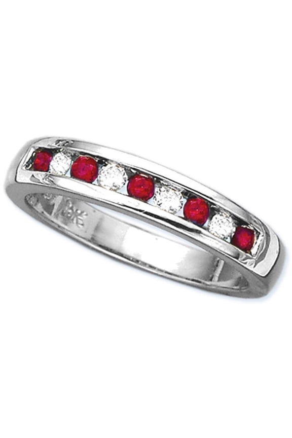 Channel Set Ruby Anniversary Ring in 14K White Gold 1/6 cttw. Diamond with Alternating (1/4 cttw)