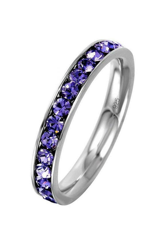 Channel Set Simulated Amethyst Cubic Zirconia February Birthstone Eternity Ring Sterling Silver Size5