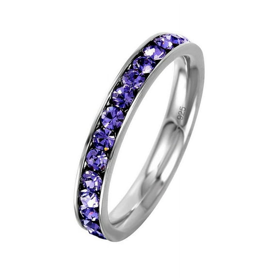 Channel Set Simulated Amethyst Cubic Zirconia February Birthstone Eternity Ring Sterling Silver Size7
