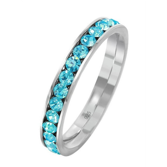 Channel Set Simulated Aquamarine Cubic Zirconia March Birthstone Eternity Ring Sterling Silver Size 3
