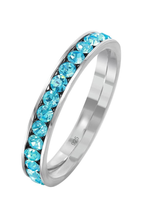 Channel Set Simulated Aquamarine Cubic Zirconia March Birthstone Eternity Ring Sterling Silver Size 3
