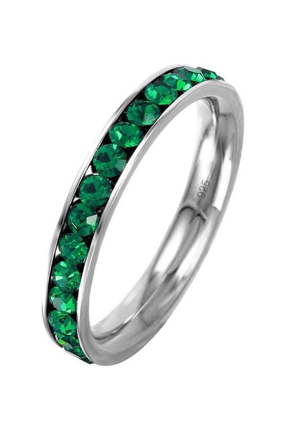 Channel Set Simulated Emerald Cubic Zirconia May Birthstone Eternity Ring Sterling Silver Size 8