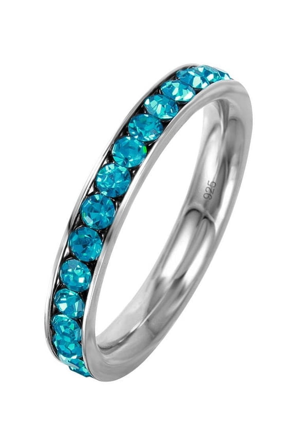 Channel Set Simulated Turquoise Cubic Zirconia December Birthstone Eternity Ring Sterling Silver Size 7