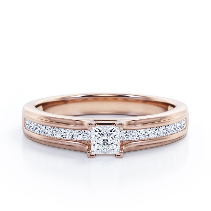 Channel Setting - 0.35 TCW Princess Cut Diamond - V Prong Engagement Ring -  10K Rose Gold