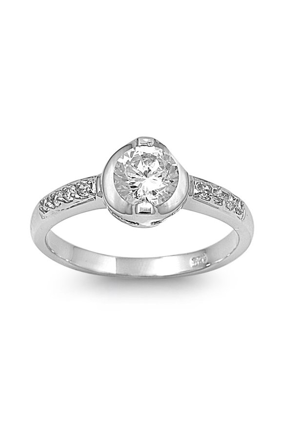 Channel Sided Bezel Round Center Cubic Zirconia Ring Sterling Silver 925