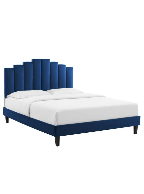 Channel Tufted King Platform Bed with Tapered Wood Leg Blue Saltoro Sherpi