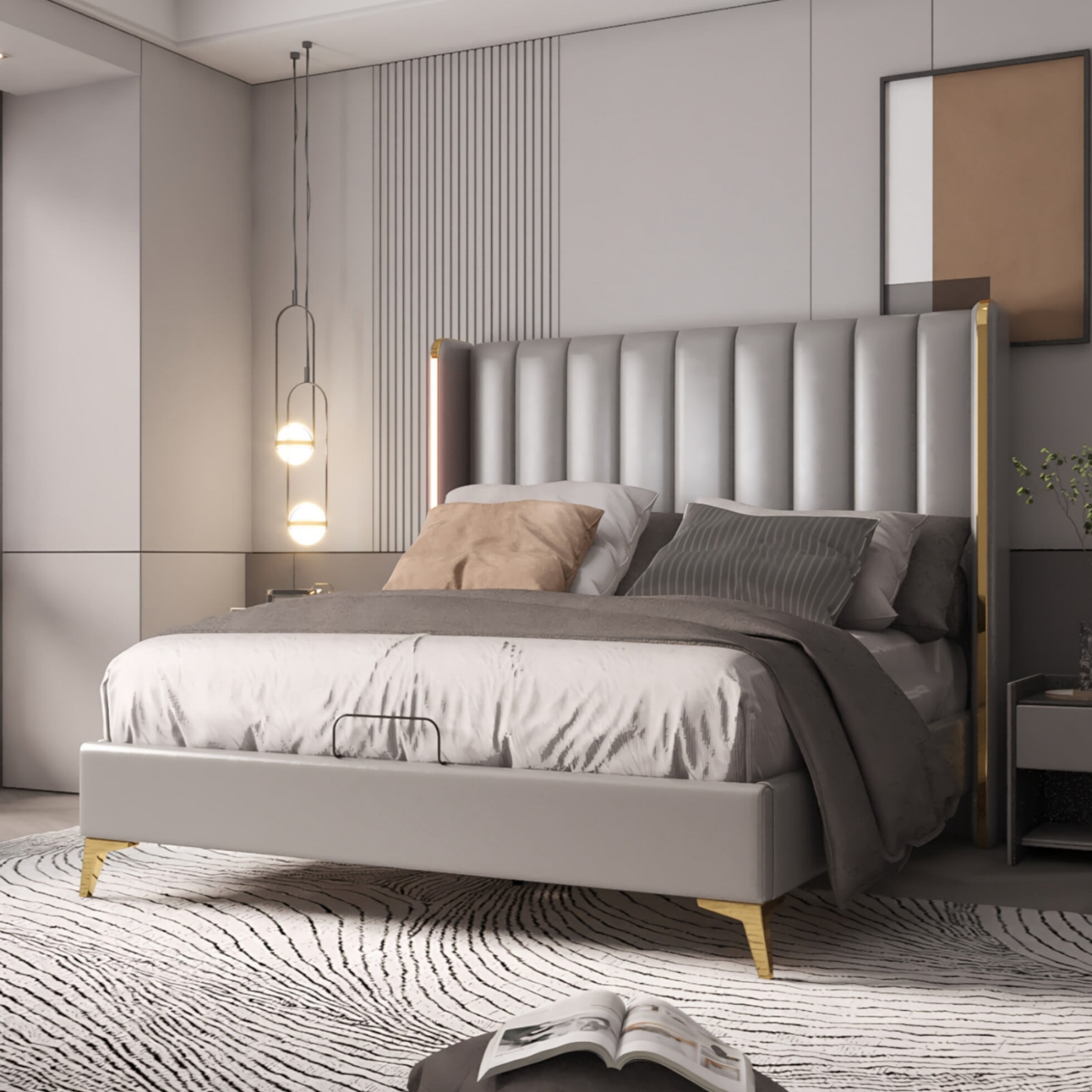 Channel Tufted Upholstered Platform Bed with 56" Tall Headboard,Queen