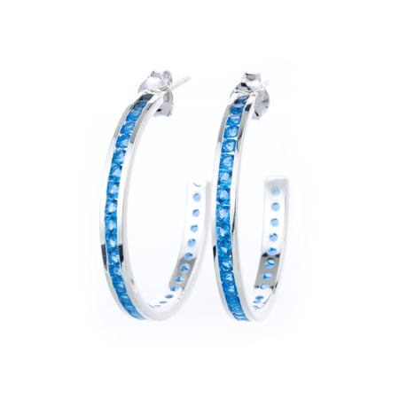 Channel-set Genuine Blue Topaz December Birthstone 1" hoop earrings in Sterline Silver