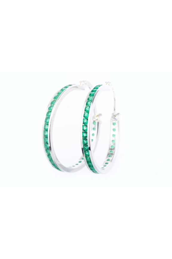 Channel-set Genuine Emerald May Birthstone 1" hoop earrings in Sterline Silver