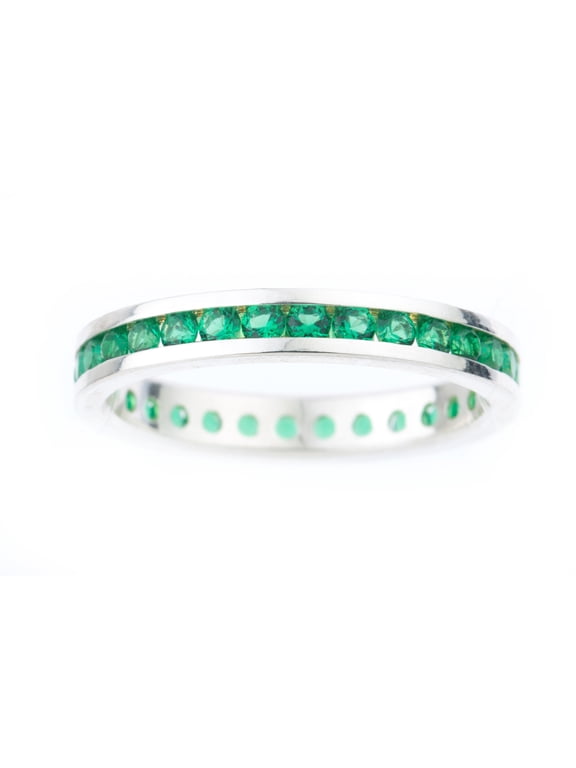 Channel-set Genuine Emerald May Birthstone ring in Sterling Silver