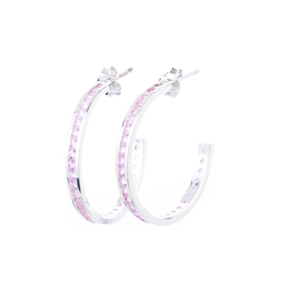 Channel-set Genuine Pink Tourmaline October Birthstone 1" hoop earrings in Sterline Silver