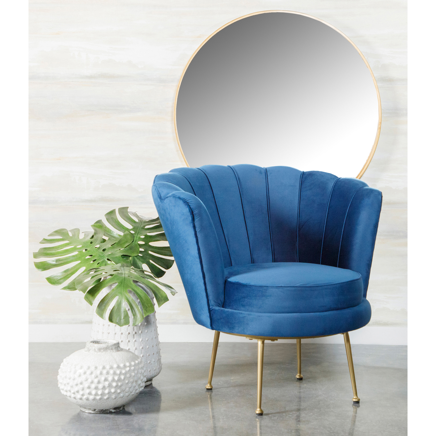 Blue Velvet Barrel Arm Chair with Gold Legs