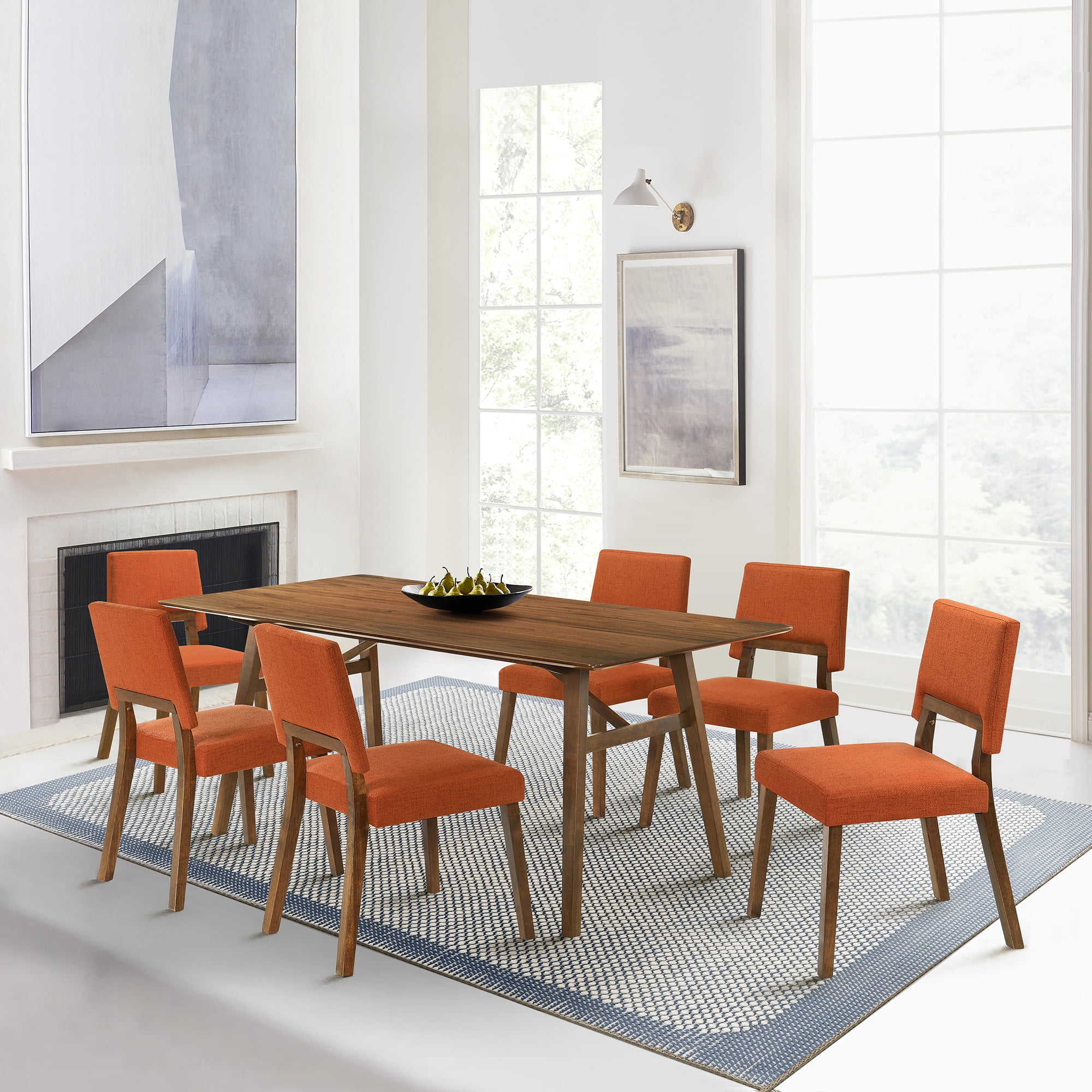 Channell Wood Dining Chair in Walnut Finish with Orange Fabric - Set of 6