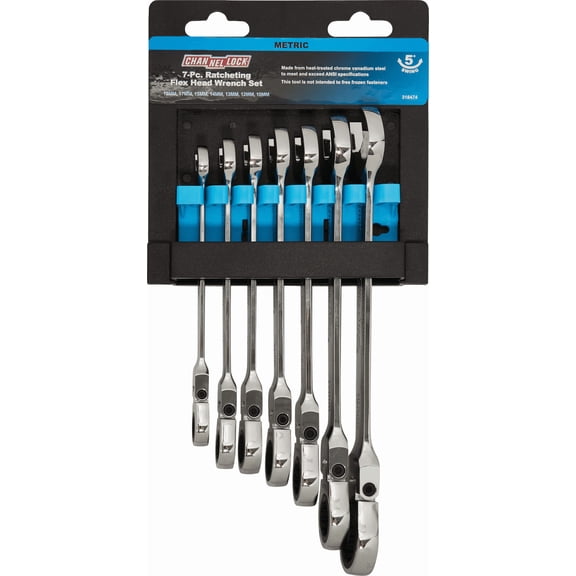 Channellock 7-Piece Metric Flex Head Ratcheting Combination Wrench Set - Pack of 12 Heavy-Duty Construction, Professional Use
