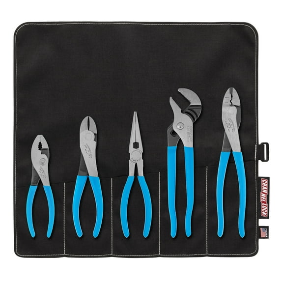 CHANNELLOCK Technicians Pliers Set with Tool Roll, Includes Tongue & Groove, Crimping, HL Diagonal Cutting, Long Nose and Slip Joint Pliers, Made in USA, 5-tool set (TOOL ROLL-1)