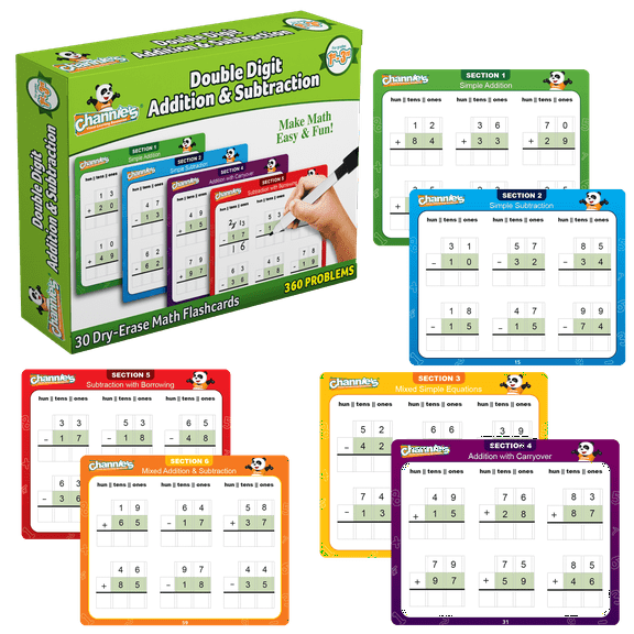 Channie's Double Digit Addition and Subtraction Flash Cards, 360 Two-Digit Math Problems, 30 Count