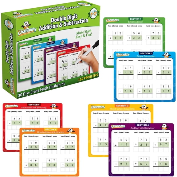 Channie's Double Digit Addition and Subtraction Flash Cards, 360 Two-Digit Math Problems, 30 Count