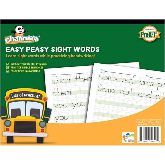 Channie's Easy Peasy 100 Sight Words Workbook, Practice Printing, Tracing, and Handwriting, 80 Pages Front & Back, 40 Sheets, Grades Pre-K - 1st, Size 8.5 X 11
