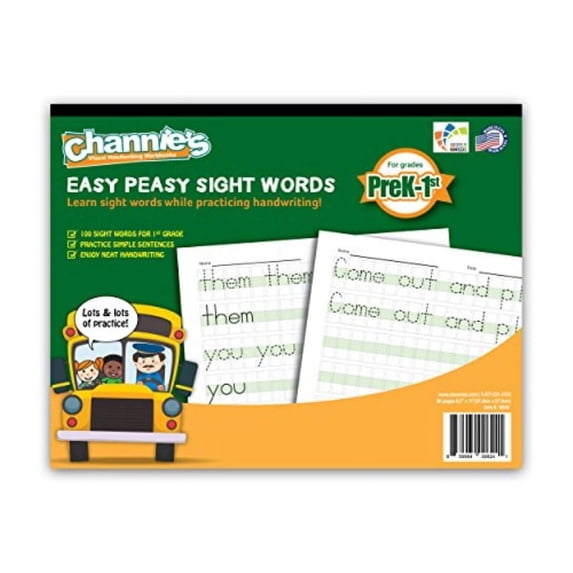 Channie's Easy Peasy 100 Sight Words Workbook, Practice Printing, Tracing, and Handwriting, 80 Pages Front & Back, 40 Sheets, Grades Pre-K - 1st, Size 8.5 X 11