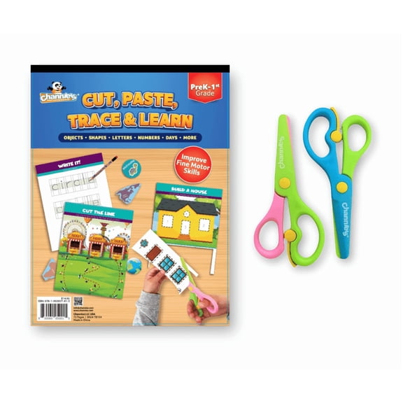Channie's Kit Cut, Paste, Trace, & Learn Workbook with Set of 2 Pack Safety Scissors for Small Hands