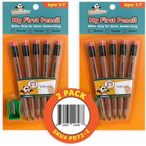 Channie's My First Pencil- 2 Pack-Natural Wood-Easy to Hold- Pre-sharpened pencils, With Sharpener, for Pre-K, Kindergarten, and 1st graders
