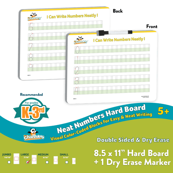 Channie's Neat Numbers Hard White Board, K-2nd Grades, Includes Dry Erase Marker