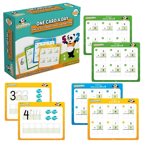 Channie’s One Card a Day Single Digit Addition & Subtraction, 34 Dry Erase Math Flashcards, for Pre-K - 1st Grade