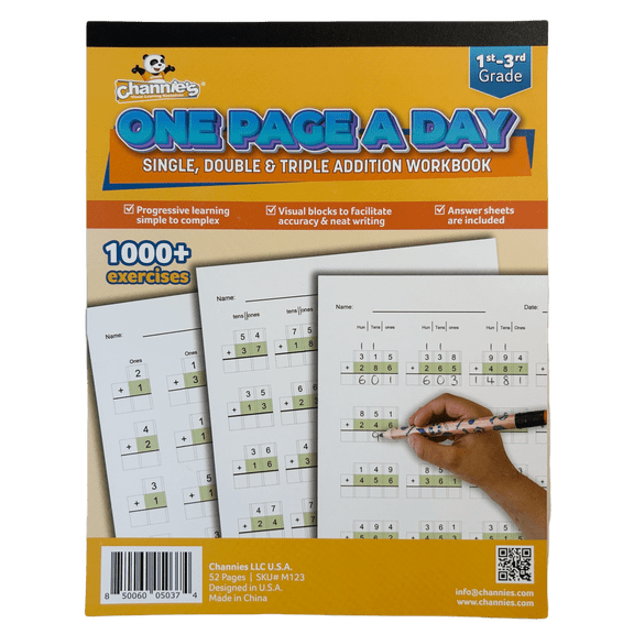 Channies One Page A Day Single, Double, & Triple Digit Addition Workbook