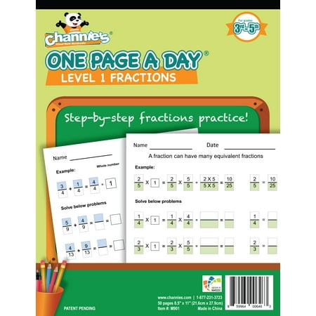 Channie's One Page A Day Workbook, Beginner Fraction Math Practice Worksheets, 50 Pages, 8.5" x 11"